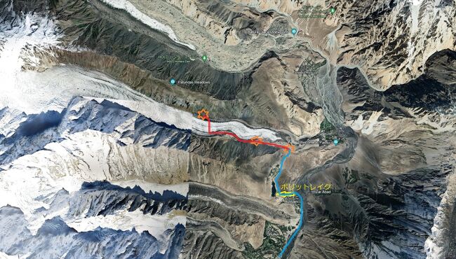 青線はクルマ移動。<br />赤線はこれから1日半で歩くところ。<br />