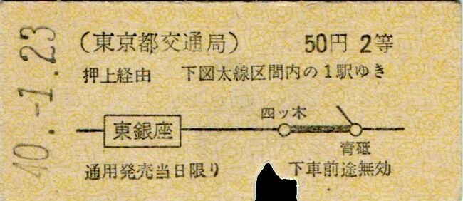 通常、連絡乗車券では接続駅を地図に表示するのが常ですが、この都営から京成の連絡券では都営の発駅、東銀座が表示されており、接続駅の押上が欄外に書かれているという異例の様式です。