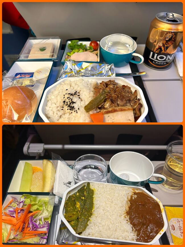 普段は撮らないのに、5年ぶりのレガシーが嬉しくて機内食を撮影。<br /><br />食事①<br />チキン/ビーフ/ベジの選択で、私はビーフ。<br />飲み物は当然のライオンビール♪<br /><br />食事②<br />チキン/フィッシュ/ベジの選択で、私はフィッシュ。<br />これのどこが魚なん？と思うけどカレーの下に魚がいました。<br /><br />隣席だったスリランカ人に話しかけられコミュ障頑張っておしゃべり。<br />6年ぶりに国に帰るんだって！ご家族も嬉しいだろうねえ(^▽^)<br />今は静岡のホテルで働いてるんですって。どうして日本なんて来たの？って聞いたらアニメとか漫画とかに興味あったらしい。<br /><br />スリランカ初めて？大丈夫？バスの乗り方とかめっちゃ複雑で大変だよ、英語話せる？なんかあったら連絡してねとLINE交換しちゃいました。<br />･･･もっと移動が大変な国を旅してきたからスリランカなんて余裕でした。観光で訪れるエリアであれば英語の通用度はかなりのものです。