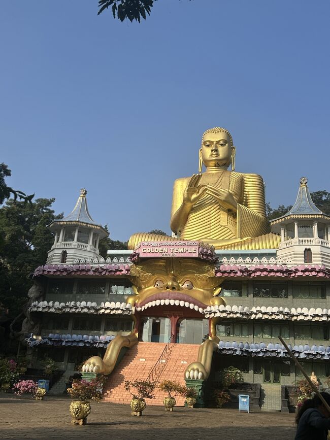 歩いて20分ほどでダンブッラ石窟寺院へ<br /><br />金ピカの大仏が目印です。<br />この左奥から階段を登って下りて、坂道を登って下りて････昨日のシーギリヤロックほどではないけどこれ年寄りには厳しそう。