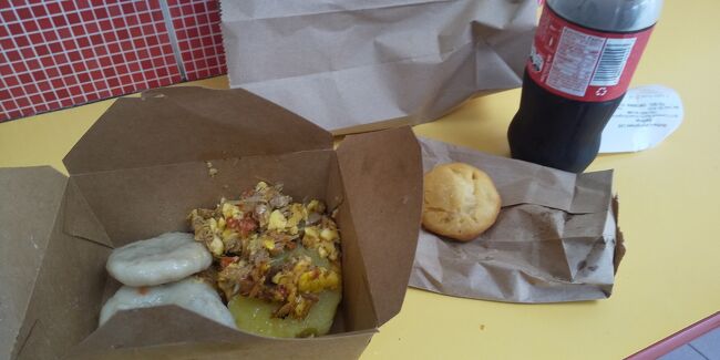 　これが初のジャマイカ飯。マックにする？いやいや、せっかくジャマイカなんだからと、別のローカルチェーン店に。店員さんに薦められた飯がこれ。「アキー、アキー」？？なんのことを言ってるのかわからず、それでいい！と答え、待ってたらこんな飯だった。帰国してから調べたら、アキーとはジャマイカ特産の果実だとか。これで1100円程。日本よりちょっと物価は高めか？