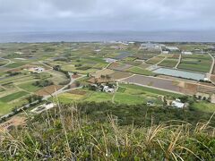 １０分ぐらいで、城山（伊江島タッチュー)の頂上です。小雨のおかげで、意外とあっさり登れました。しかし、綺麗な青空と海は見えません。