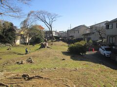 早川口遺構二重堀と二重土塁（二重戸張）　土塁（写真中央の山と写真左手の盛り上がり）と一本の堀は分かりますが、堀が二重に見えません。右の道がまたは左の石垣の左手にもう一本があるのでしょうか