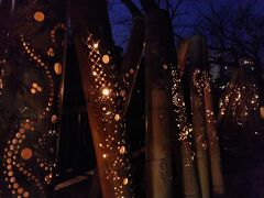 夜になったので、松川遊歩道沿いの竹あかりを楽しみます