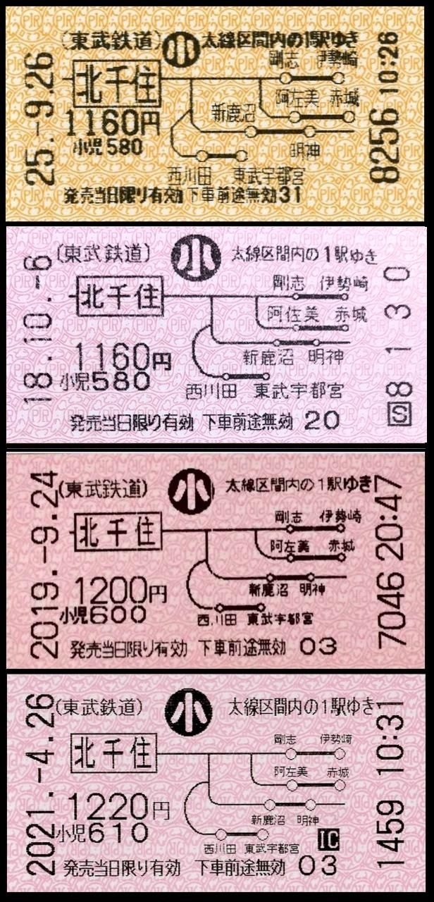 【おまけ】<br />現在唯一残る、東武の地図式券売機券の変遷です。<br />金額は違いますが、すべて同一区間です。よく見比べてみて下さいね。<br /><br />＊印字内容の違いではなく、描画やフォント、サーマルヘッドの解像度に注目してみて下さい。1枚目は元号表示、2枚目以下は西暦表示<br />最下段は最新型の機械です。小さな文字もつぶれていません。<br /><br />--------------------------------<br />【編集後記】<br />2020年書き始めたときには、地図式の硬券に限定するつもりでしたがだんだんと話が拡張し、軟券や企画券、そして券売機にまで手を広げてしまいました。<br />読み返して見ると、私鉄では東武の紹介が異様に多くなる結果でしたが、同社は時折記念乗車券を地図式硬券で発売するなど、大手私鉄の中では地図式券にご執心な鉄道会社といえると思います。<br />長文を最後までご覧いただき、ありがとうございました。<br />だんだん話が発散してきて収拾がつかなくなるため、この辺でおしまいにします。<br />255枚の地図式乗車券をお目にかけましたが、如何でした？<br />これまでウンチクにお付き合いくださった方、ホントにお疲れ様でした。<br />ご意見、ご感想をコメント欄で賜りたく存じます。<br /><br />&lt;&lt;参考文献&gt;&gt;<br />乗車券研究　第3号～第7号（昭和57年～昭和61年）東京チケットクラブ<br />地図式乗車券のすべて　昭和59年10月　日本交通趣味協会<br />国鉄乗車券類大事典　平成16年　近藤　喜代太郎