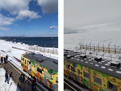 【JR北浜駅】

流氷物語号1号/3号はここ北浜駅で10分間の停車をします。

●前回（写真右）来たときは流氷がぎっしり着岸。2024年1月29日月曜日
■今回（写真左）は青い海と青い空白い雲の別風景が見れました。


※JR北浜駅（オホーツク海に一番近い駅）