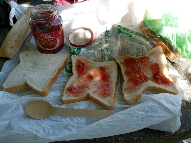 13:05<br />峠にベンチがあったのでお昼ご飯にします。