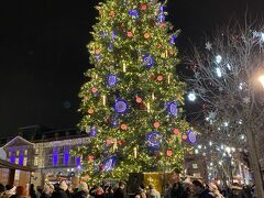 大きなツリーです。2023年のクリスマスツリーは、高さは約 30m、重さは約 6t、樹齢は約80年の、巨大なクリスマスツリーだそうです。音楽に合わせてリングのイルミネーションが赤、青、緑などに点滅します。