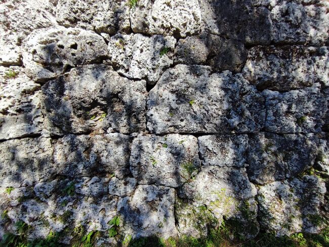 石積み。<br /><br />グスクの石垣の石は主に珊瑚石灰岩。