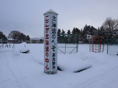 食後は富良野市内を散策。

北海道のへそに来てみましたが、雪で場所が良く分かりませんでした。
実際にはもっと奥の小学校の校舎の前に中心標があったようです。