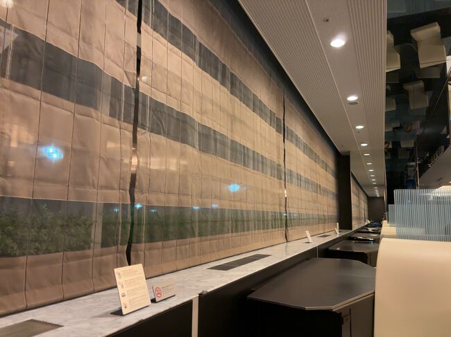 ラウンジのカーテンが全て降ろされているのを初めて見ました（窓の向こうはC滑走路）。