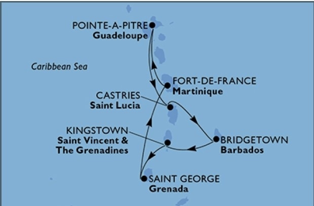 まずは今回のクルーズルート。<br />マルティニークから乗船したが、この船はマルティニーク乗船組とグアドループ乗船組とその他からの乗船組がいる。マルティニーク多め、グアドループも多め、その他は少人数、といったところだろうか。<br />乗り方はMSCに問い合わせたら教えてくれるかもしれない。