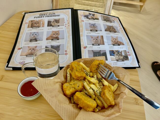 Grabで、猫カフェMunchkin &amp; The Gang Cat Cafeへ。<br />日中は暑いので、体力温存のため、近場でもGrabで移動していました。<br />利用料は１人25リンギット(1ドリンク付き)<br />他にチキンナゲットも注文しました。18リンギット。<br />熱々で美味しかったです！