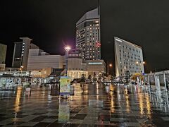 高松駅に到着したのは20時半過ぎ。
小雨が降り始め、駅前の路面が濡れていて美しい。
香川って、なんだか愛媛より都会なのね。