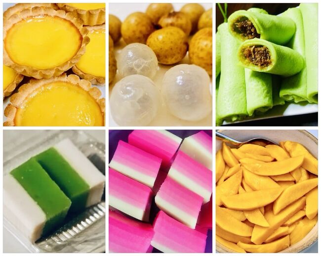 デザートまでも！本当に感謝感激です！<br />エッグタルト、果物 longan 、kuih dadar、kuih talam pandan、kuih lapis、マンゴー、地元のお菓子や南国のフルーツがずらり。<br />左下のココナッツミルクたっぷりのkuin talam pandan は、昔からの大好物なので、ここで食べられるなんて…感動！<br />また食べ過ぎてしまいました。
