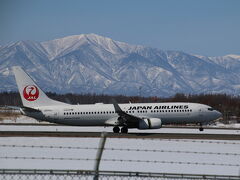 民間エアラインも降りてくる。
羽田からのJAL機が到着。
雪が反射するせいか、冬なのになんだか眩しい。