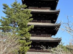 　仁和寺の五重塔　重要文化財
　上層から下層にかけて各層の幅にあまり差が見られない姿が特徴。柱や壁面には真言八祖や仏をはじめ菊花文様が描かれている。
