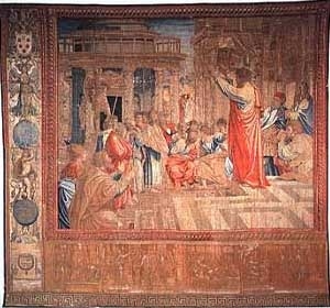 ラファエロ1515‐19　▲《アテネで説教をする聖パウロ　システィーナ礼拝堂・ラファエロのタペストリー」ヴァティカン美術館