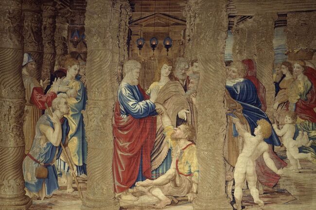 ラファエロ1515‐19　▲《ストルピオの癒し　システィーナ礼拝堂・ラファエロのタペストリー》　ヴァティカン美術館