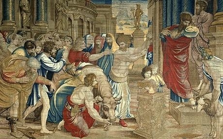 ラファエロ1515‐19　▲《ルステラの犠牲　システィーナ礼拝堂・ラファエロのタペストリー》　ヴァティカン美術館