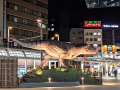 「ご馳走 純」からは歩いてホテルへ帰りました。
恐竜王国の福井には駅前に実物大の恐竜ロボット、ティラノサウルスがいます。

時間があえば、鳴いたり動いたり、が見られます。