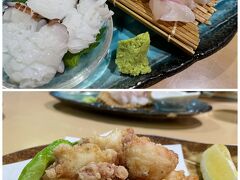 明石名物三種のお刺身盛合せ　　　(明石ダコ・伝助穴子・鯛)

タコの唐揚げ

伝助穴子：300ｇ以上の播磨灘で捕れた雌のアナゴで脂がのっています。