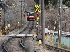 宿の前の道をずっと左に行くと踏切。
ちょうど電車がやってきました。