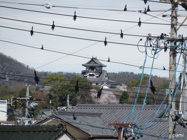 電線の向こうに天守が見える。