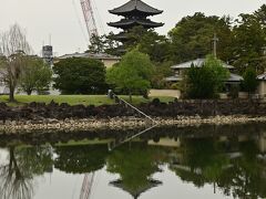 奈良ホテル裏の荒池から。ここでも水面の五重塔＆クレーンを見ることができる