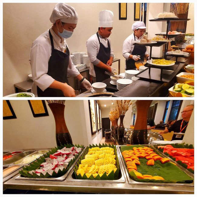 朝食ビュッフェ。<br />ヌードルステーションと、エッグステーション。<br />色鮮やかな南国フルーツバー。