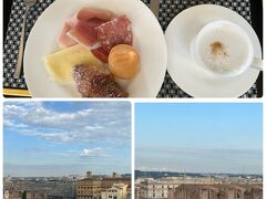 ⑥ ローマではバチカン市国&30数年越しのリベンジ、コロッセオ　の続きです。

レストランでの朝食。
最上階なので、眺望がいいです。
テラス席がありますが、使えませんでした。
朝は使えないのか、私たちが早すぎるのか・・・
私たちはいつも朝食開始時間に行きます。