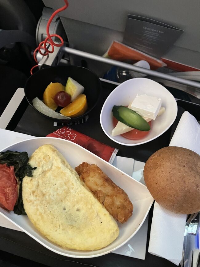 機内食その2 朝ごはん<br />こちらは洋食を選択。おいしかったです！<br />サラダに乗ってるチーズがギリシャを予習した時に見たフェタチーズ！と思いテンション上がりました。<br /><br />順調に思われた空の旅ですが、到着がじわじわ遅れ、乗り継ぎが1時間しかなかったので焦り出します。<br />着陸してからもなかなか外に出られず…猛ダッシュで次のゲートへ向かおうとするも空港が広すぎて、どこにゲートがあるかもわからず…<br />ようやく搭乗口に辿り着いたときにはゲートが閉められており誰もおらず、スタッフのお兄さんに尋ねるも「クローズ」<br /><br />カウンターで振り替えチケットを交渉するようにと言われ…<br /><br />乗り継ぎ失敗は初めてのことで、久しぶりの海外旅行だったこともありかなり混乱しましたが、もうやるしかない！ということでチケットカウンターへ行き、なけなしの英語力で乗り継ぎに失敗したので代わりの便のチケットがほしい旨を説明。<br />6時間後の便のチケットを無事もらい、ミールクーポンまでもらうことができました。<br /><br />チケットをもらえた安心と謎の達成感で気持ちも落ち着き、スタバで休憩。空港Wi-Fiも発見し快適な乗り継ぎ待ち時間を手に入れます。