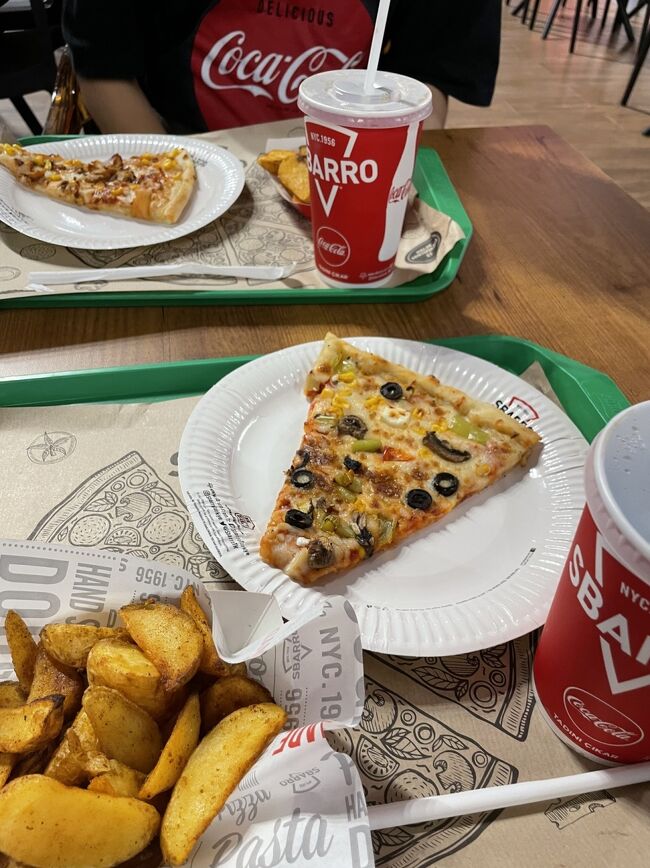 ミールクーポンでピザを注文。飲み物は何種類かあった気がしたけどなぜか勝手にコーラが出てきました。<br /><br />その後は先程駆け抜けた空港内をゆっくり散策。広くて綺麗でお店もいっぱいあって楽しかったです。<br />その後は搭乗時刻になるまでソファに座っていました。<br /><br />そして振り替え便でに到着したのは午前3時。深夜便でしたが乗客はたくさんいて、人の流れにのって入国審査を終え無事にギリシャに入国できました。本当は20時には着くはずだったのですでにヘトヘトでした。<br /><br />ここからタクシーでアテネ市内のホテルまで向かいます。<br />空港から市内までは一律料金なのでぼったくられることはないと事前情報を得ていましたが、一応料金を運転手さんに確認して乗車します。タクシーは快適で車内は異国ミュージックがかかっていました。<br />高速を飛ばしてなんとか4時ごろホテルへ辿り着きました。<br /><br />乗り継ぎ失敗した時はどうなることかと思いましたが、無事に到着できてよかったです。<br /><br />次回はアテネ観光です。<br />ここまでお読みいただきありがとうございました。