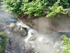 そろそろ時間になったので、蔵王ロープウェイ乗り場まで戻ります。
途中、どんどんびき（見返り滝）を通りました。
ここは、温泉と山水が混ざり、温かい川となってどんどんと音を立てて流れているため、通称「どんどんびき」と呼ばれているのだそうです。
また、元来、この滝のあるところが温泉街の玄関口であったため、お客さんが帰り際にもう一度温泉街を振り返る場所ということから、「見返り滝」と呼ばれていたそうです。