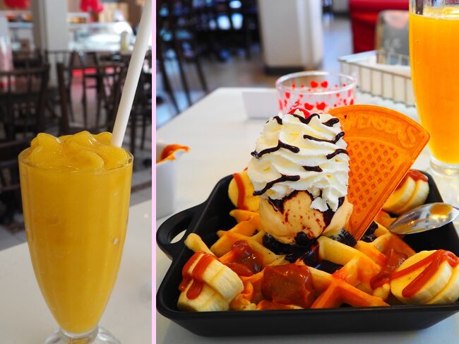 ■□■　4月1日【プーケット2日目】<br />□■□　ホテル近く<br />■□■　スウェンディーズ（スィーツ）<br /><br />ホテルの部屋は16時まで使えるんだけど、今日は15時にウェスティンに着くように移動するんだよね。<br />で、昼過ぎ、ランチに行こうと外出したんだけど、どうも食指が動かない…<br />どうしようかなって思ってたら、タイの各地（特にショッピングモール）にあるスィーツ屋のウェンディーズで写真の<br />マンゴーシェイクとワッフルを注文<br />…これがランチって後ろ指ささないでね～（汗）<br /><br />ホテルに戻ってチェックアウト。<br />タクシーでウェスティンに移動。<br />セプショニストのお姉さんに<br />タクシー頼んだら<br />400THBだってぇ…(￣д￣)<br />絶対Grabの方が安いし、車もキレイで、余計なツアーの勧誘なんかもないから安心だYO～。。。<br />