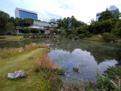 庭園です。
下のコマの滝を擁した池泉を中心に園路を巡らせた、江戸時代の庭園を再現しています。
背後の屋敷（ビルじゃないよ）は、富山市佐藤記念美術館。
