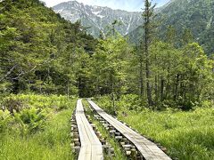 林から突然開けたところが岳沢湿原。
正面に穂高の山々。
河童橋以降は人も減って静かですが、ここでは皆思わず足を止めて見入ってしまいます。

タイミングよく人がいない一枚が撮れました。