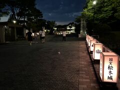 さて、そろそろ良い時間かな～。

午後７時半過ぎ、ホテルを出て再び夜の松本城に向かいます。

松本城では年間を通じて、日没から午後１０時までライトアップを行っています。
特別なときにはプロジェクションマッピングも行われるようです。

外食してたらつい飲みすぎて、再びお出かけするのは面倒になっちゃうから、それもあって夕食は軽くお蕎麦で、ということだったんです～。^^;