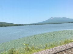 途中、大沼国定公園のシンボル「北海道駒ヶ岳」が見えます。（車窓から）