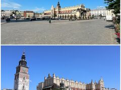 前方に見えてきたのは「中央広場」で、中世から残る
広場としてはヨーロッパ最大規模を誇ります。

広場の中央に建つのは、幅108メートルに及ぶ「織物会館」の建物。

（写真下）左手は「旧市庁舎の塔」　
　　　　　右は「織物会館」