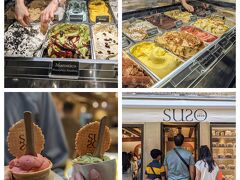 有名ジェラート店SUSO。ストロベリーとピスタチオを注文しました。どちらもウマ～(^^)v