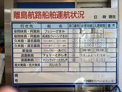 台風の影響で昨日27日まで欠航続きだった高速船が無事回復し、28日の今日は行けそうです。

高波４mでフェリーは欠航、３mで高速船は欠航です。
2024年7月26日は全滅、27日はpmフェリーのみ回復していました。