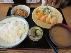 彦根駅近くのお食事処で昼食に。日替わり定食にしました。フライはエビとイカで、小鉢はチャプチェでした。
食事で塩分とカロリーを、提供されたお茶で水分をそれぞれ補う形になりました。