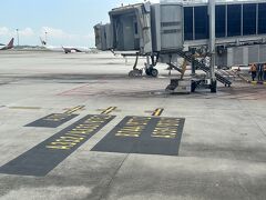 　駐機場に近づいて来ました。機種によるボーディング・ブリッジの位置かなんかを表示してあるのでしょうか。こんなの初めて見たような気がします。どこにもあるのでしょうか？
