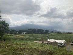 筑波山とひまわり畑。残念なことに筑波山は頭に雲の傘が掛かって山頂が見えない。
