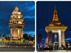 独立記念塔
20ｍの塔　カンボジアがフランスから独立したことを祝して1958年に建てられたそうです
この辺りは幅広い遊歩道になっていて たくさんの地元の人が地べたに座ってお喋りしています。昼間は暑いからこの時間に出掛けるのが日常なのかな