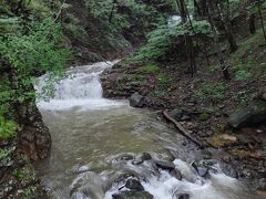 途中、虹見の滝の上流の「竪琴の滝」が見えます。
昨日までの雨で激しい濁流になっています。