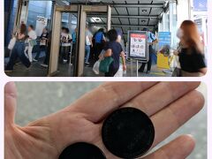 アーク駅で降りてMRTスクビット駅でブルーラインに乗り換え
切符はトークン？みたいなやつ
MRTは改札機でMastercardかVisaブランドのタッチ式クレカだと、直接タッチ決済できるそうですが、トークンとやらの実物を見てみたくて券売機で買ってみました 笑

滞在中は ここで乗り換えることが多かったから、立地的にはこの辺りにホテルを取るのが便利いいのかな