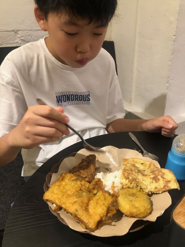で、茶系でまとめた息子のナシチャン(Rp38,000)。<br />アヤムもオムレツもねぇちゃんの真似か。しかも＋目玉焼きだし。<br />タフゴレンを、タフゴレンと知らずに指差しちゃったもんだから、<br />「これキツいわ」とか言って、父ちゃん母ちゃんの助けを借りるハメになる。<br />通常運転です。<br /><br />しかし息子は、いたくこのワルンを気に入って、明日もまたここ来たい！と。<br />味は普通で、値段もお高めだから（もう来ないかな～）と母は思ってしまったのです。