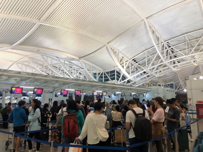香港航空のチェックインカウンターは長蛇の列。<br />でも我が家はオンラインチェックイン済みだったので、そちらのレーンは２組ほどしか待ちなし。ツアーが多いのでしょうか。